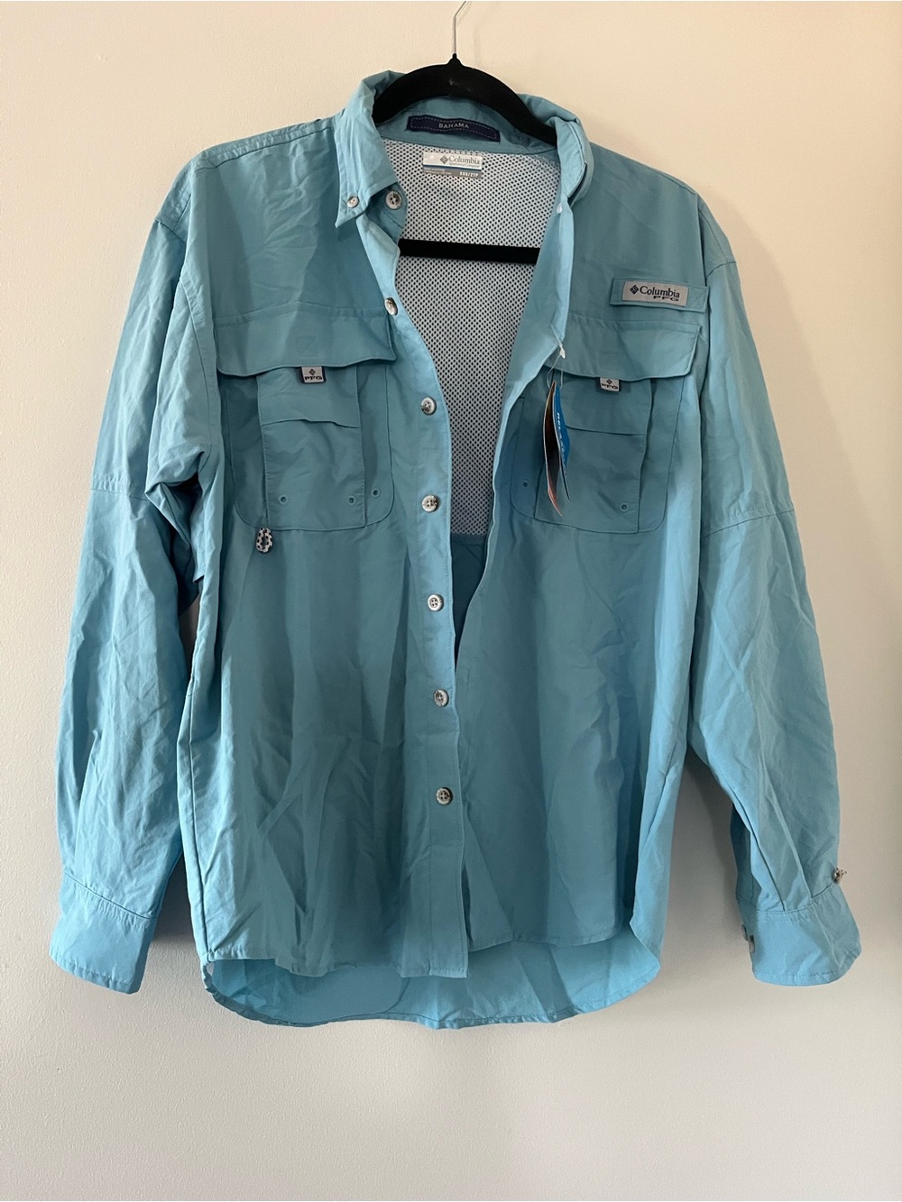 NWT Columbia PFG Bahama Blue Long Sleeve Shirt Mens XXS Hiking Fisherman Outdoor